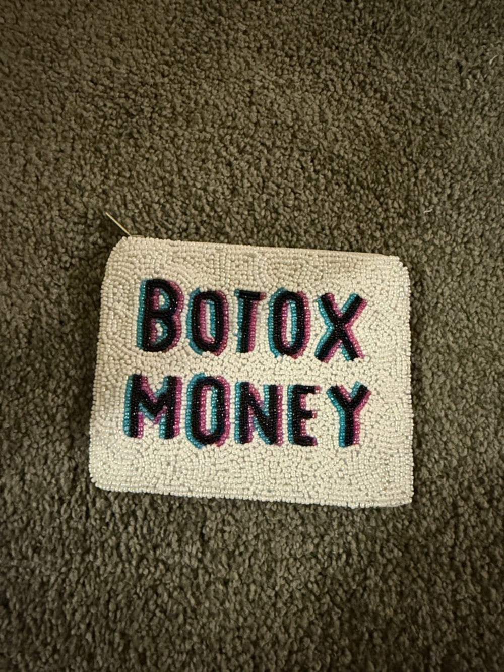 Beaded 'BOTOX MONEY' Statement Clutch - White with Teal & Pink Letters